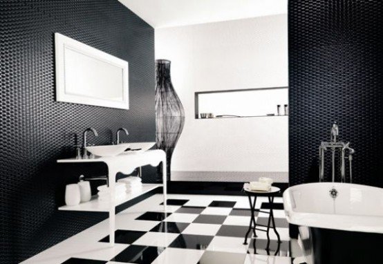 Dekoratif-Görünmlü-Siyah-Beyaz-Banyo-Modelleri Siyah Beyaz Banyo Fayans Modelleri